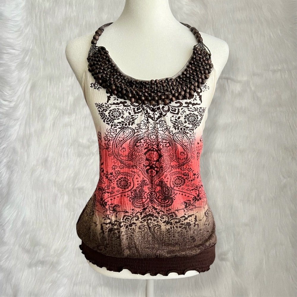 Almost Famous Brown & Pink Beaded Halter Top With Paisley Print & Ruffle Hem